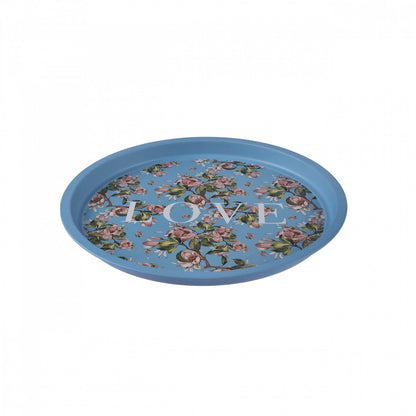 Karaca Love Metal Round Tray 35 cm - Blue Floral Decorative Serving Tray, 153.09.01.3986
