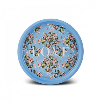 Karaca Love Metal Round Tray 35 cm - Blue Floral Decorative Serving Tray, 153.09.01.3986
