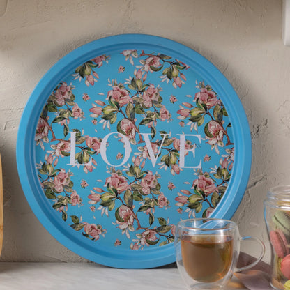 Karaca Love Metal Round Tray 35 cm - Blue Floral Decorative Serving Tray, 153.09.01.3986