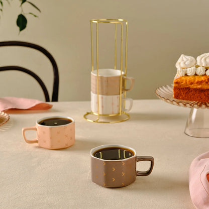 Karaca Versailles 4-Piece Mug Set with Gold Stand 180 ml, 153.09.01.5398
