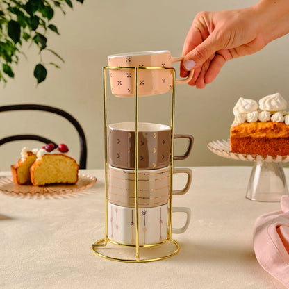 Karaca Versailles 4-Piece Mug Set with Gold Stand 180 ml, 153.09.01.5398