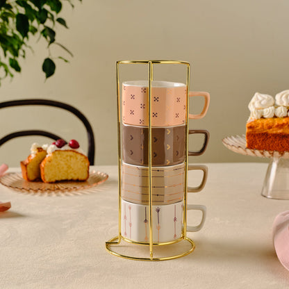 Karaca Versailles 4-Piece Mug Set with Gold Stand 180 ml, 153.09.01.5398