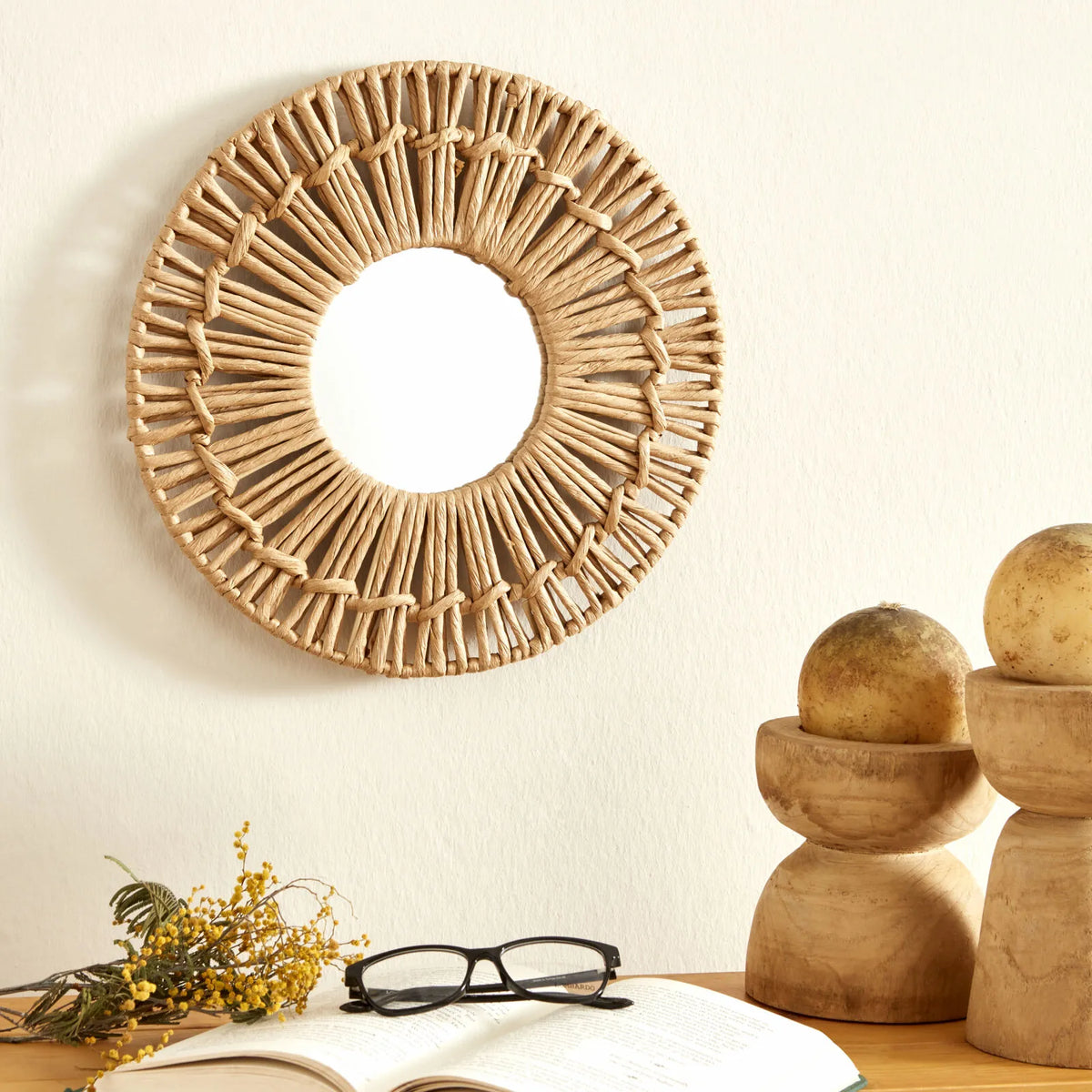 Karaca Home Boho Wicker Wall Mirror 35 cm - Natural Decorative Accent, 153.09.01.7032