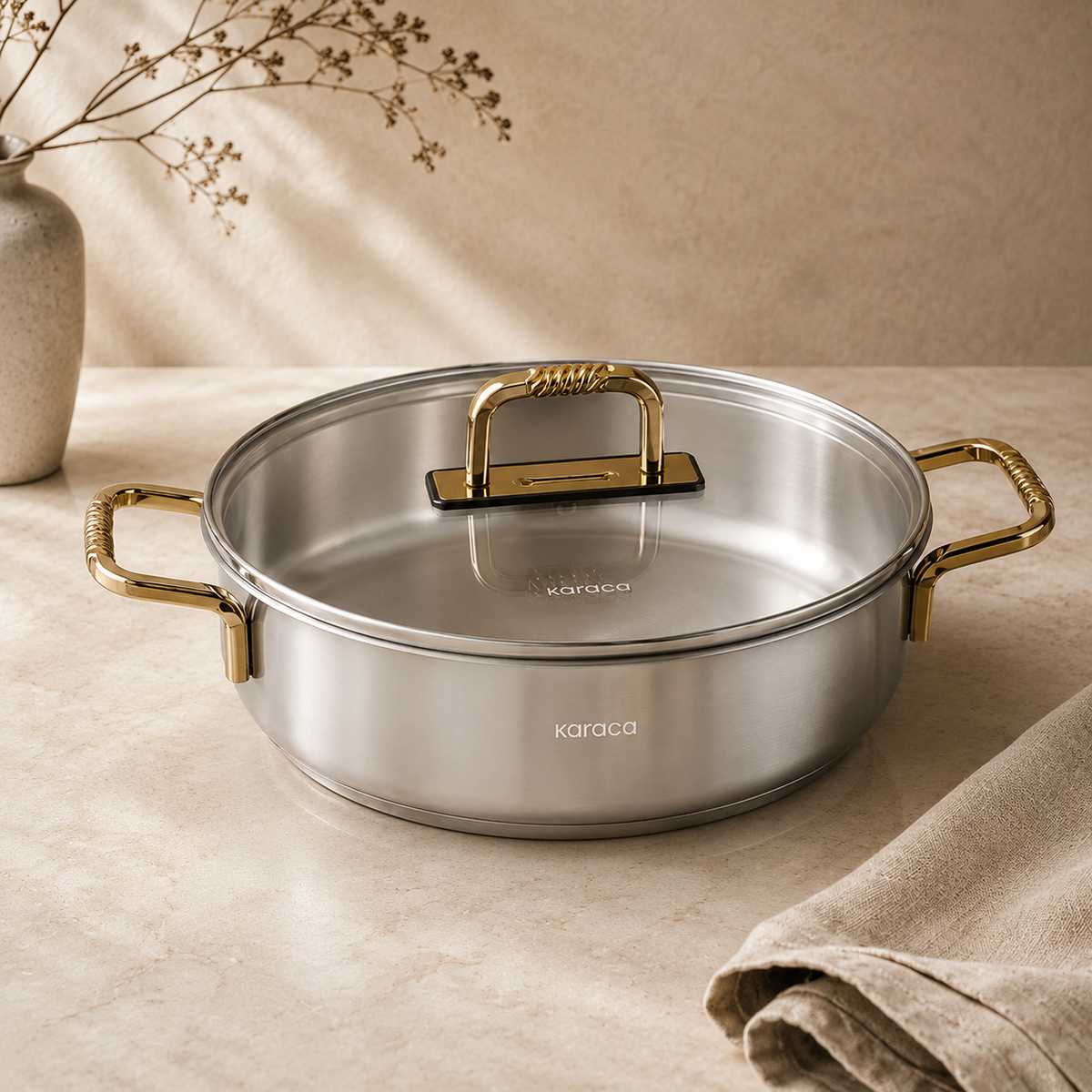 Karaca Gold Elegance 26 cm Stainless Steel Casserole Pot, 8683650325963