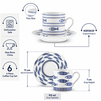 Karaca Akya 6-Piece Coffee Cup Set with 6 Saucers, 80 ml, 8683650333173