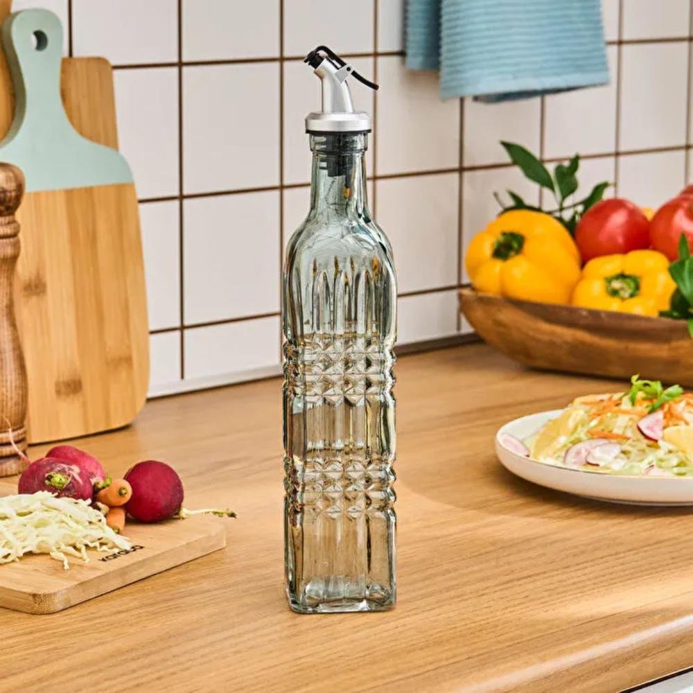 Karaca Daisy Rectangular Oil Bottle 500 ml – Petrol Blue Glass Dispenser, 8683650335122