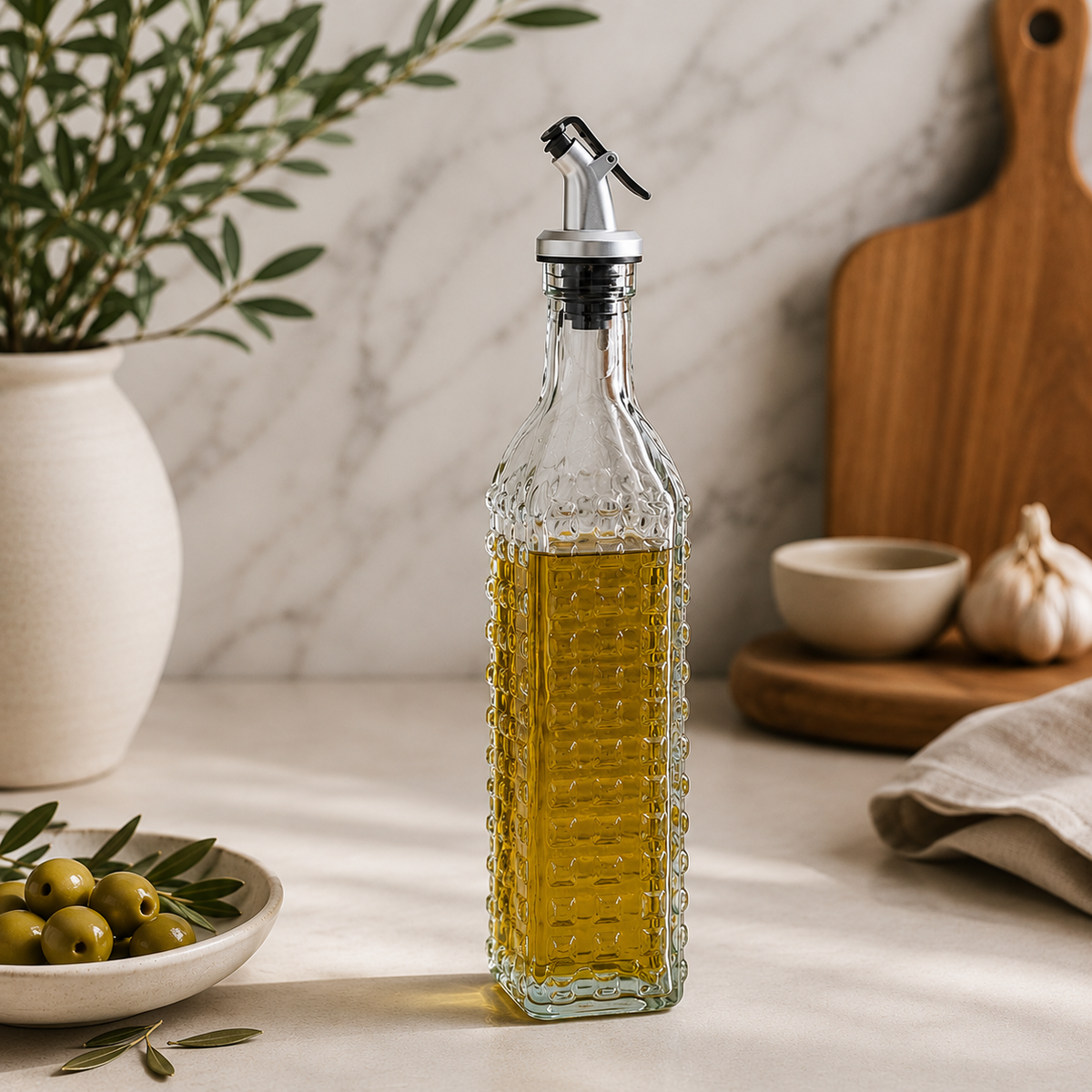 Karaca Daisy Rectangular Oil Bottle 500 ml – Transparent Glass Dispenser, 8683650340638