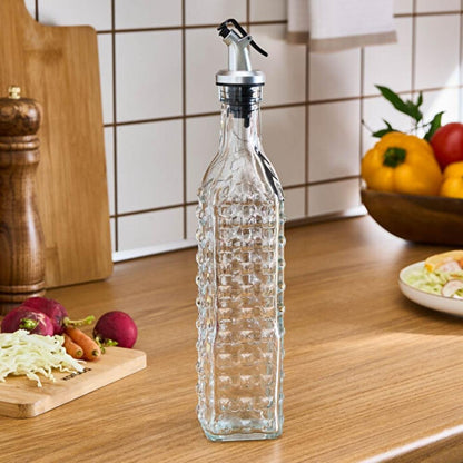 Karaca Daisy Rectangular Oil Bottle 500 ml – Transparent Glass Dispenser, 8683650340638