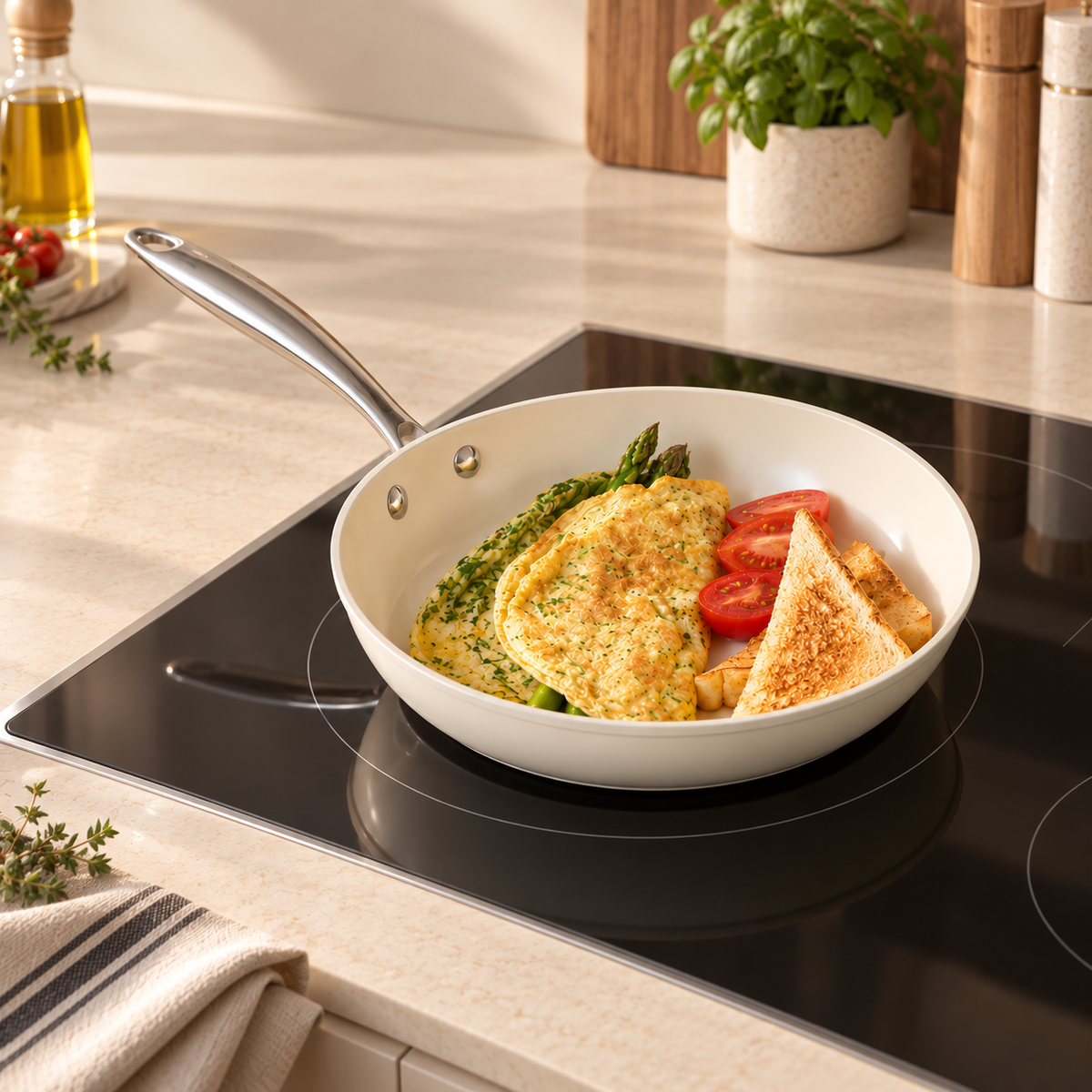 Karaca Swiss Crystal Almond Cream Non-Stick Induction Pan with Stainless Steel Handle 22 cm, 8683650355519