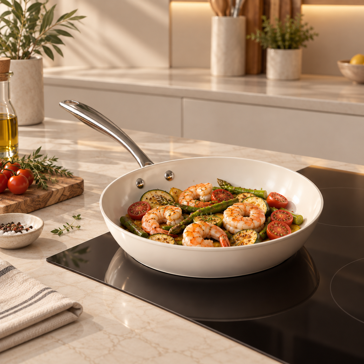 Karaca Swiss Crystal Almond Cream Non-Stick Induction Pan with Stainless Steel Handle 26 cm, 8683650355526