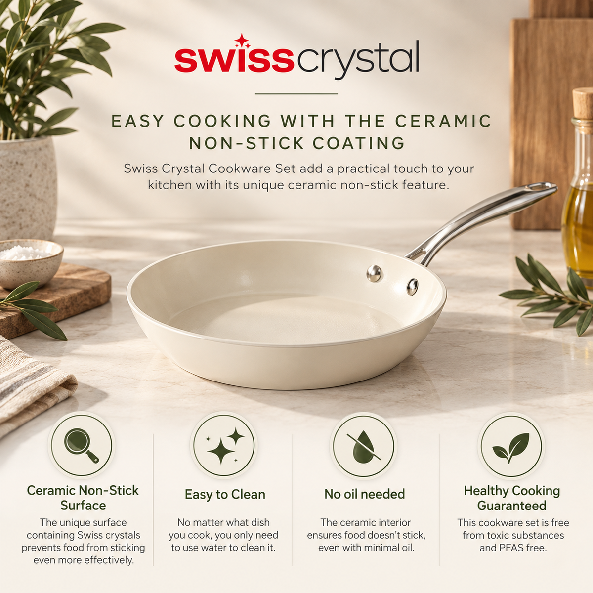 Karaca Swiss Crystal Almond Cream Non-Stick Induction Pan with Stainless Steel Handle 26 cm, 8683650355526