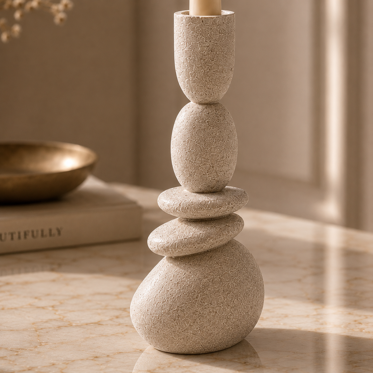 Karaca Home Alba Stone Candlestick 19.5 cm - Grey, 8683650383321