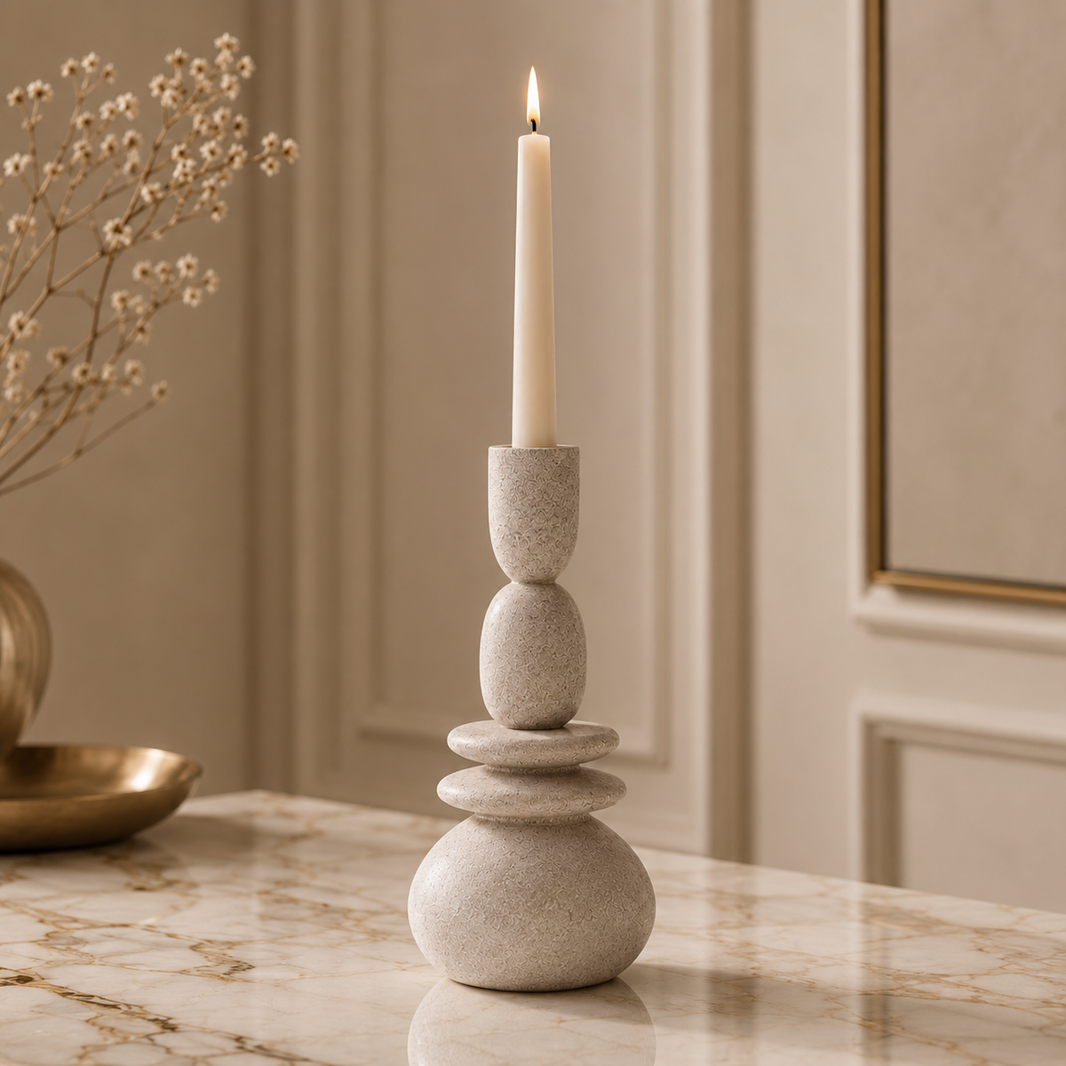 Karaca Home Alba Stone Candlestick 19.5 cm - Grey, 8683650383321