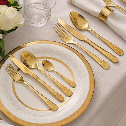 Karaca Elegance Bellatrix Gold 84-Piece Premium 18/10 Stainless Steel Cutlery Set for 12, 8683650389927