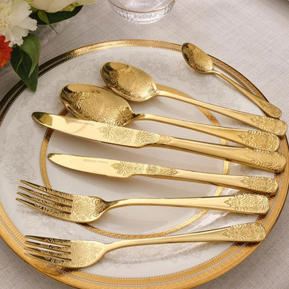 Karaca Elegance Bellatrix Gold 84-Piece Premium 18/10 Stainless Steel Cutlery Set for 12, 8683650389927
