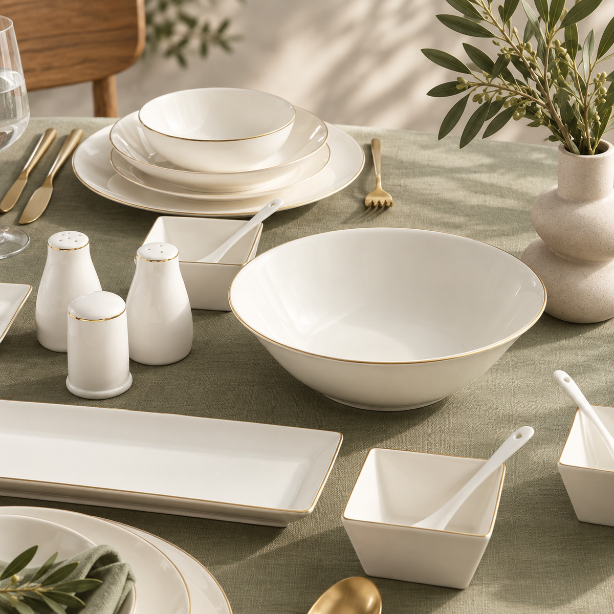 Karaca Bone China Donatella 70-Piece Dinner Set for 12 People – Gold & White, 8683650405238
