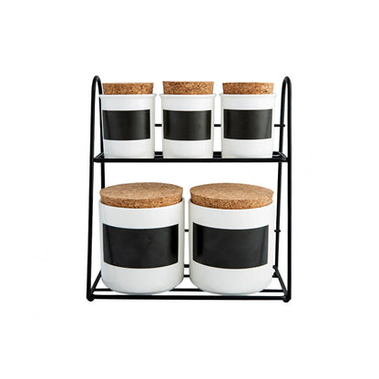 Karaca 5-Piece Porcelain Spice Rack Set with Stand - White & Black, 153.03.06.1892