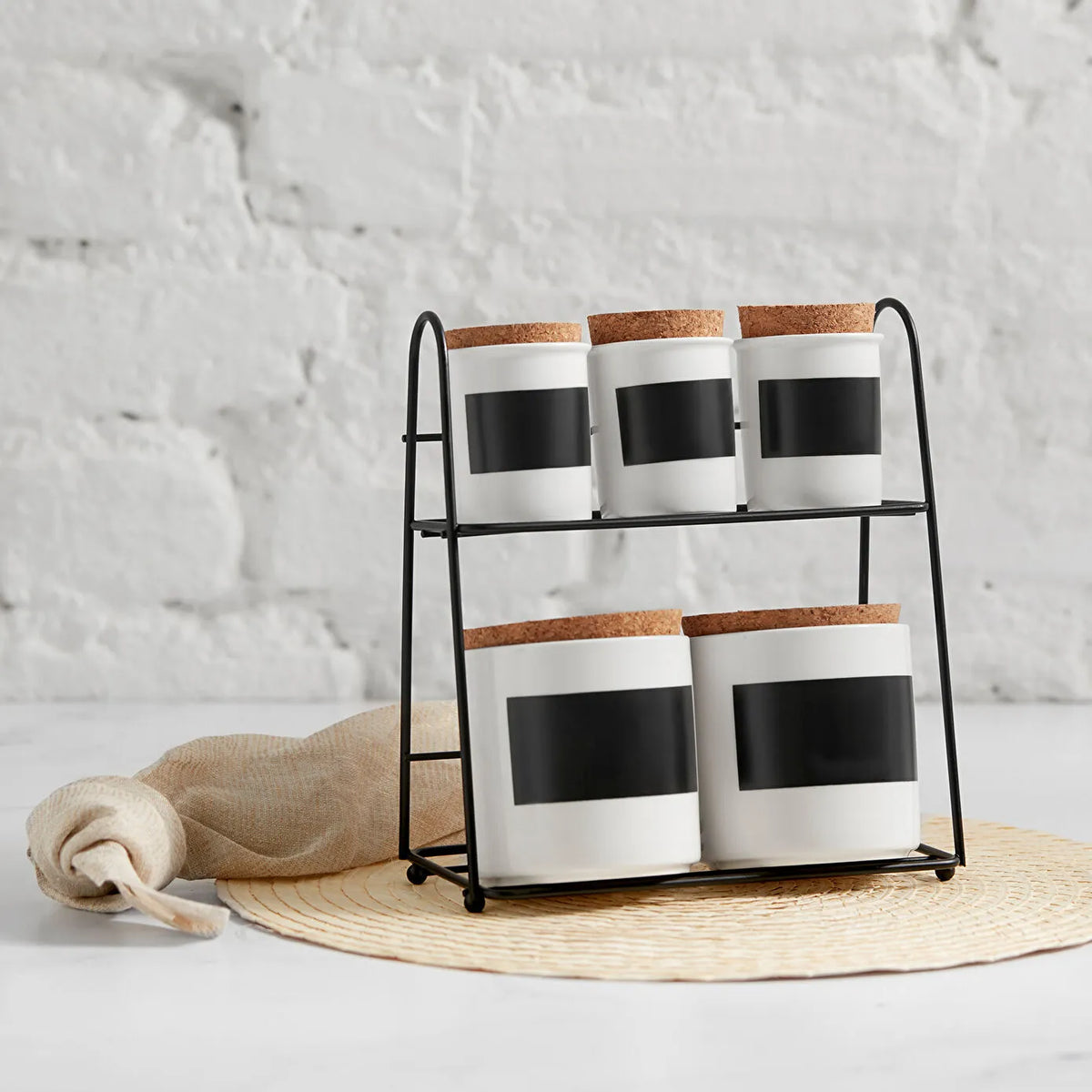 Karaca 5-Piece Porcelain Spice Rack Set with Stand - White & Black, 153.03.06.1892