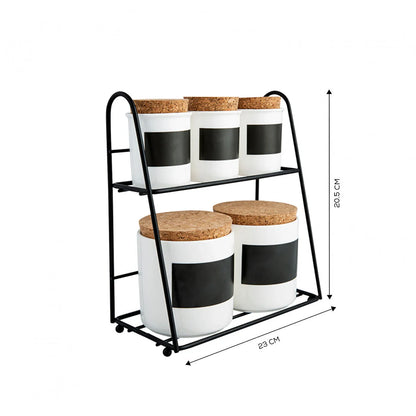 Karaca 5-Piece Porcelain Spice Rack Set with Stand - White & Black, 153.03.06.1892