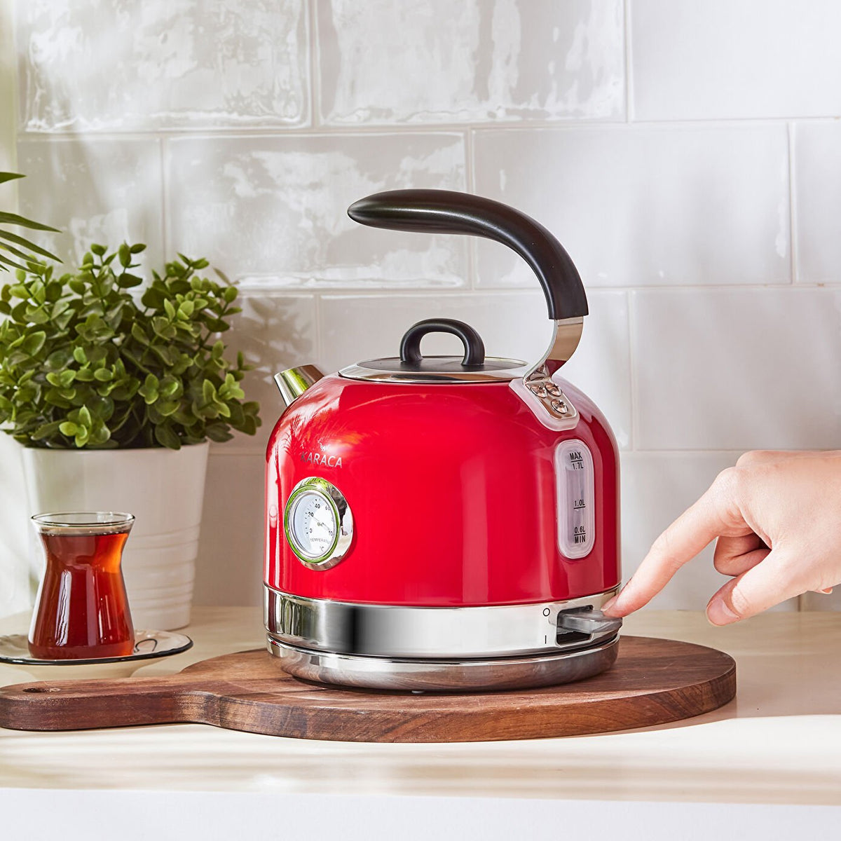 Karaca Retro Red Kettle 1.7 L, Quick Boil with LED Indicator, 153.03.06.2559