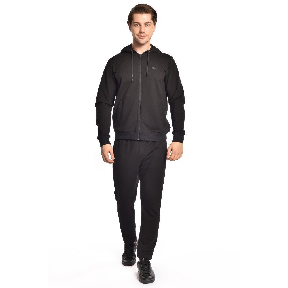 Bilcee, Men's Black Hooded Zippered Pocket Sports Bottom Top Tracksuit, Available in Different Sizes