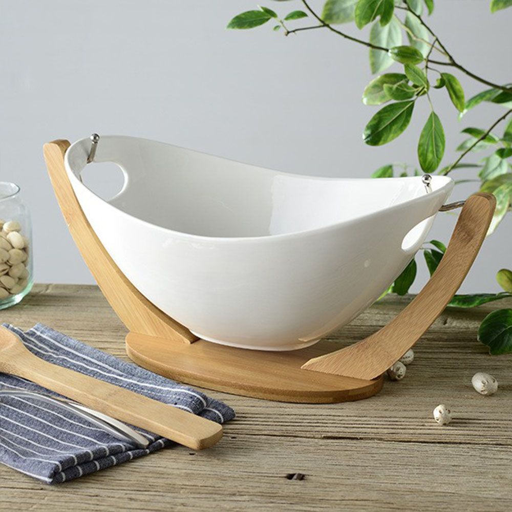 Cool Gift, Ceramics and Bamboo Salad Bowl with Stand, Available in Different Sizes