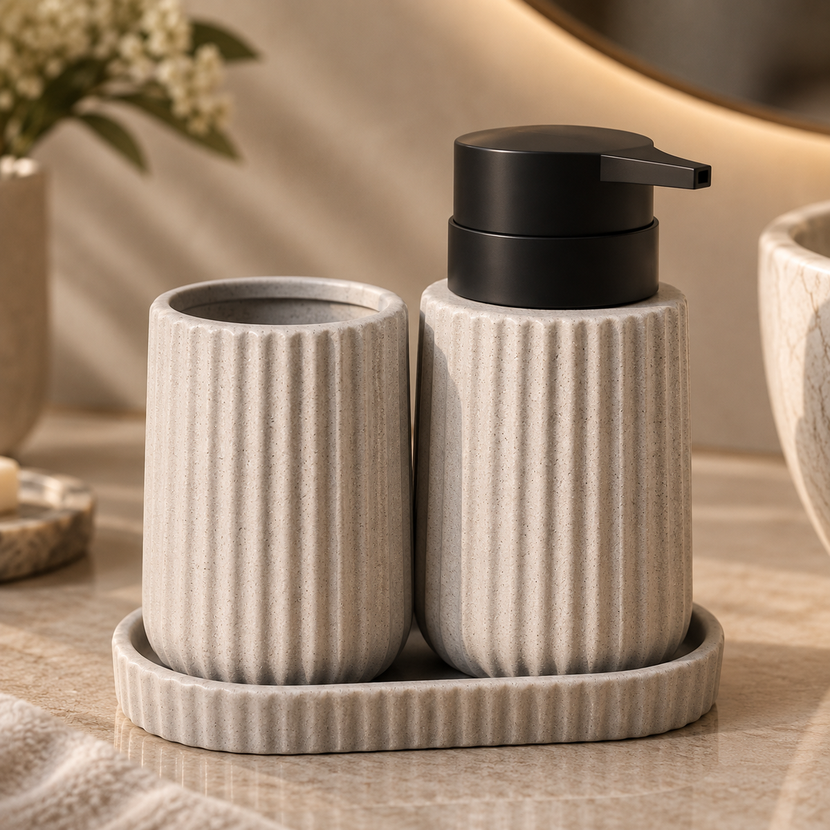 Karaca Trina 3-Piece Grey Bathroom Accessory Set – Dolomite Stone Finish, 8683650363897