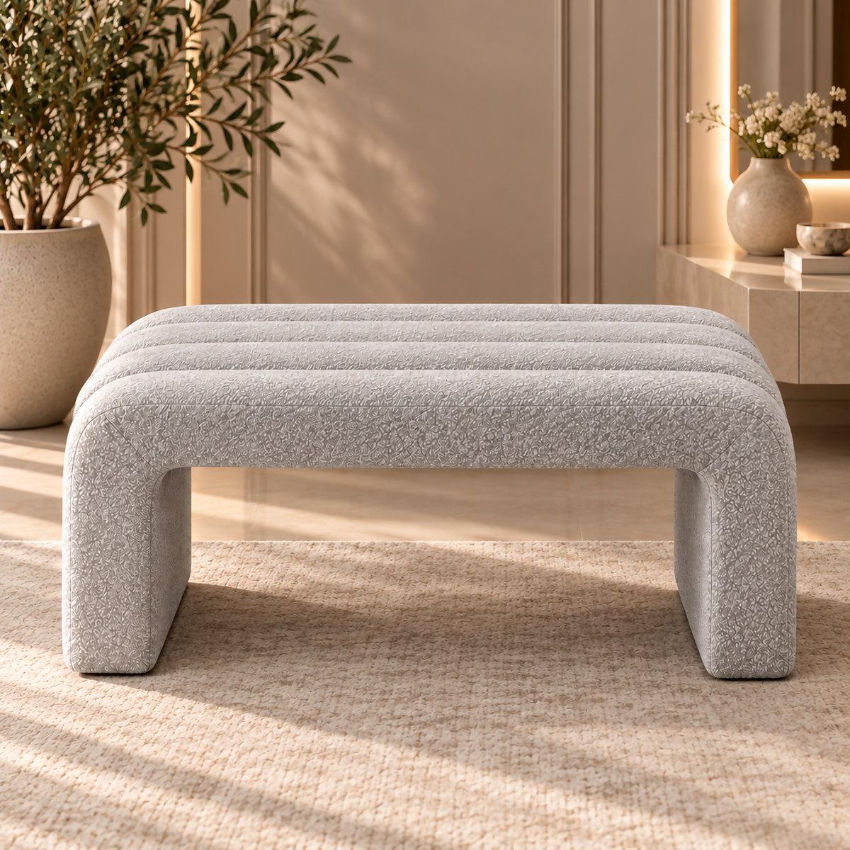 Light Grey Bouclé Sculptural Bench | BNCH764045LG