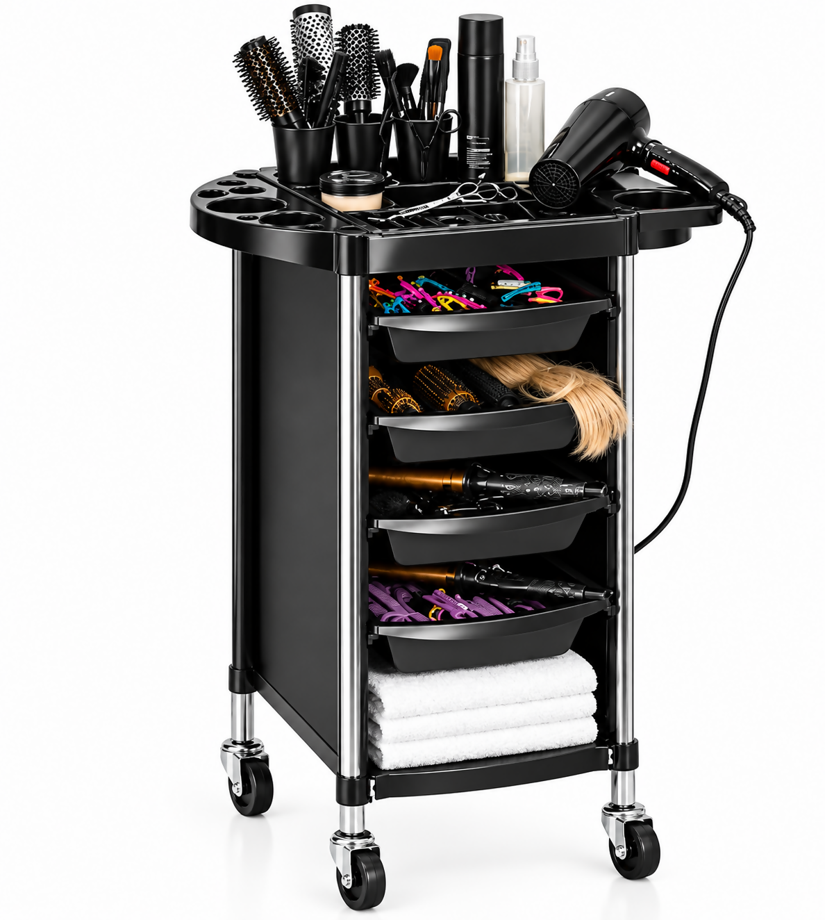 Multi-Tier Black Plastic Rolling Beauty Salon & Hairdressing Trolley Cart