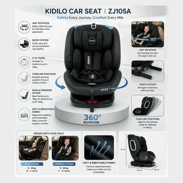 Kidilo ZJ106A Baby Car Seat with Adjustable Headrest, Safety Harness, Side Protection & Reclining Seat