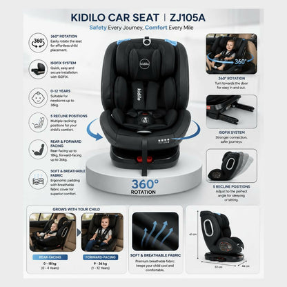 Kidilo ZJ106A Baby Car Seat with Adjustable Headrest, Safety Harness, Side Protection & Reclining Seat