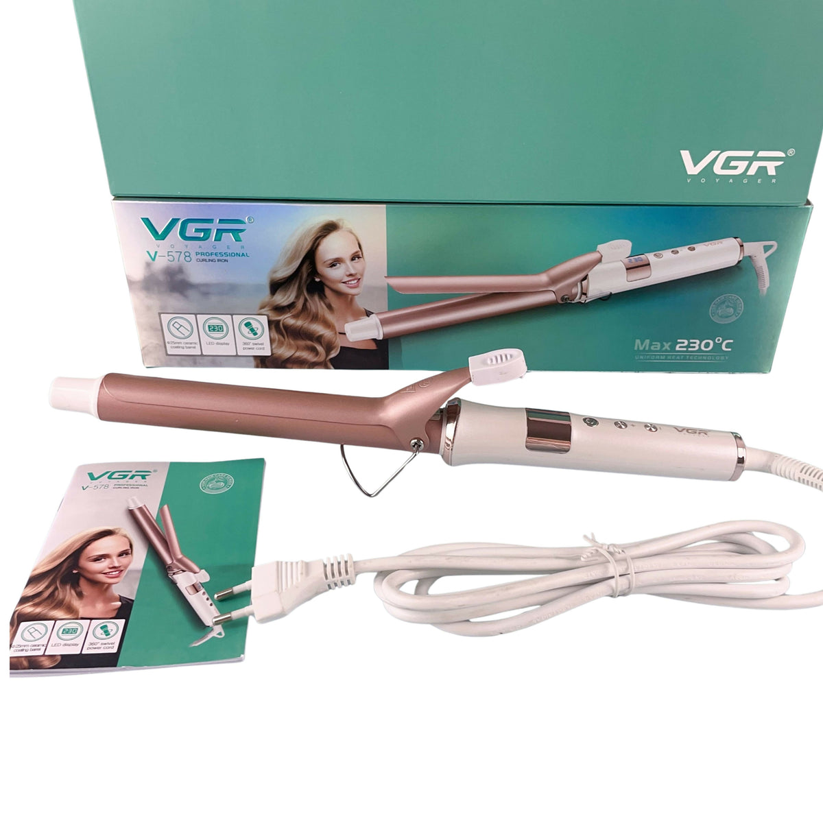 VGR V-578 Professional Electric Hair Curling Wand - Fast Heating Curling Iron 25mm Ceramic Hair Curler with 230° C Max Heat Setting Adjustable Heat and LED Display (White, Rose Gold)