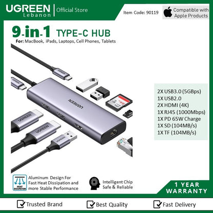 Ugreen, Dual Display 9-In-1 Usb-C Hub Docking Station Adapter Ugreen Cm490 - 90119