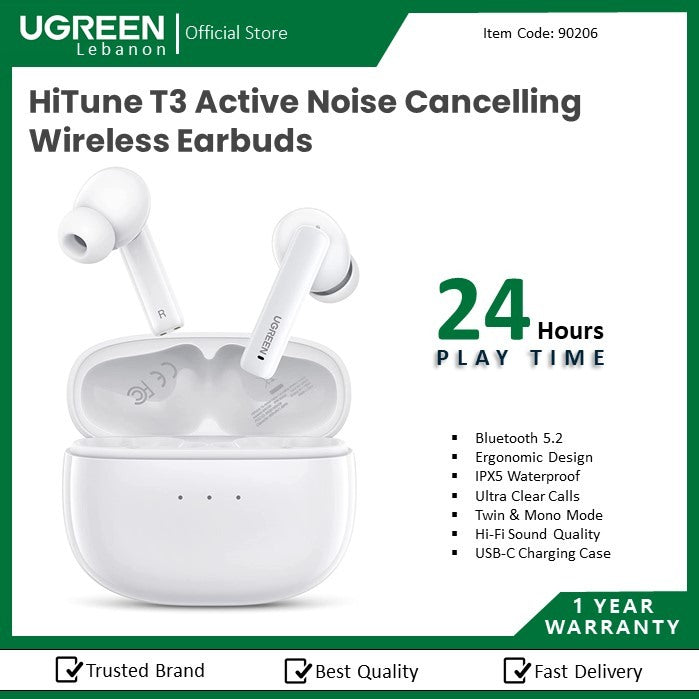 Ugreen, Hitune T3 Active Noise Cancelling Wireless Earbuds Bluetooth 5.2 Ws106-90206
