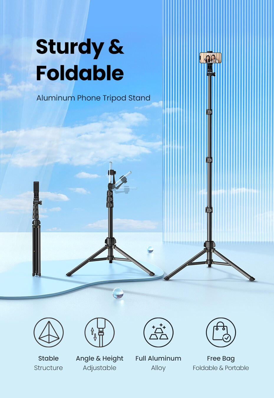 Ugreen, Phone Tripod Stand,  High Quality Aluminum Alloy,  Adjustuble Height Up To 1.7M Ugreen Lp377 - 90235