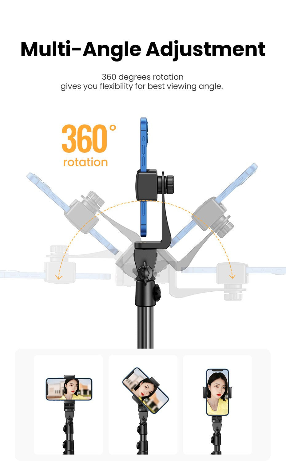 Ugreen, Phone Tripod Stand,  High Quality Aluminum Alloy,  Adjustuble Height Up To 1.7M Ugreen Lp377 - 90235