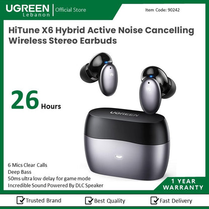 Ugreen, Hitune X6 Hybrid Active Noise Cancelling Wireless Stereo Earbuds-Bluetooth, 6 Mics Clear Calls, Deep Bass Ugreen Ws118-90242