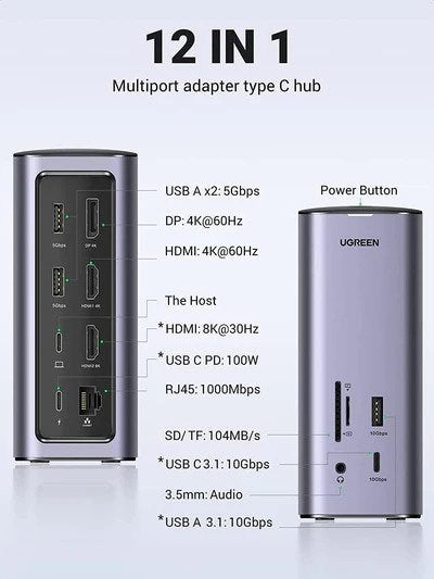 Ugreen, 12-In-1 Triple Display Usb-C Hub Docking Station Adapter Ugreen Cm555 - 90325
