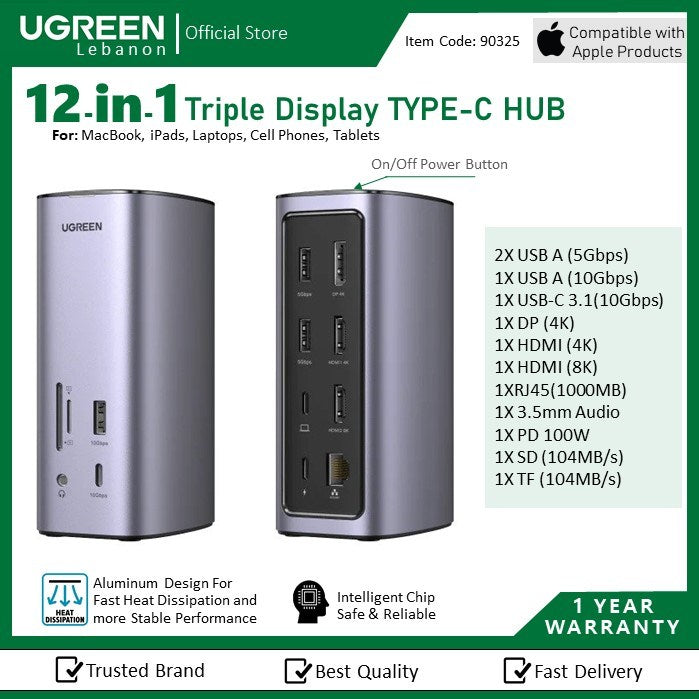 Ugreen, 12-In-1 Triple Display Usb-C Hub Docking Station Adapter Ugreen Cm555 - 90325