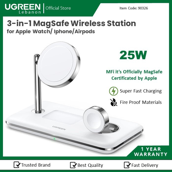 Ugreen, 25W 3-In-1 Magsafe Wireless Station For Apple Watch/ Iphone/Airpods Ugreen Cd278 - 90326