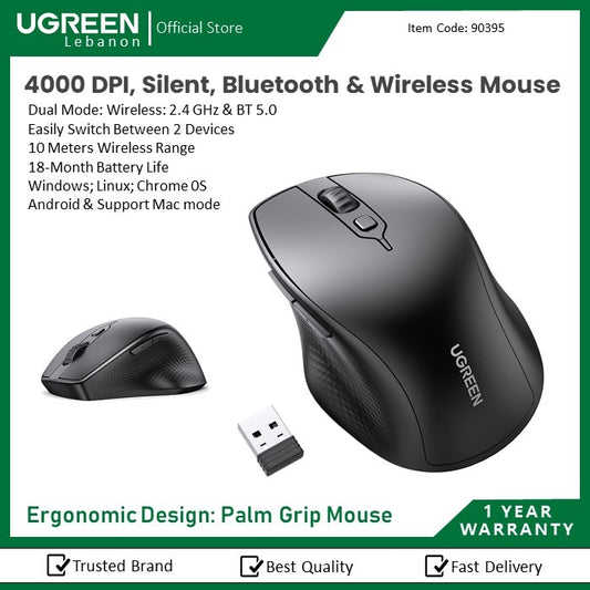 Ugreen, 4000 Dpi Silent 2.4Ghz Bluetooth & Wireless Mouse Ugreen Mu101 - 90395