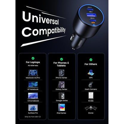 Ugreen, 3 Ports Car Charger Adapter (2*Usb-C + 1*Usb-A ) Super Fast Car Charger For Tablet, Ipads, Macbook & Laptop Ugreen Cd293 - 90413