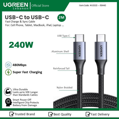 Ugreen, Usb-C To Usb-C Charging & Sync Cable For: Cell Phone, Tablet, Macbook, Ipad, Laptop Ugreen Us535 - 90440