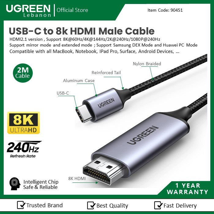 Ugreen, Usb-C To 8K Hdmi 2.1 (Up To 240Hz) Braided Cable 1.5M Black Ugreen Cm565 - 90451