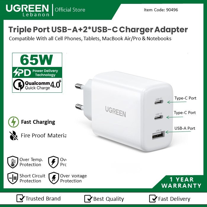 Ugreen, 65W Pd Gan Tech 3 Ports Charger For Phone, Macbook & Laptop Ugreen Cd275 - 90496