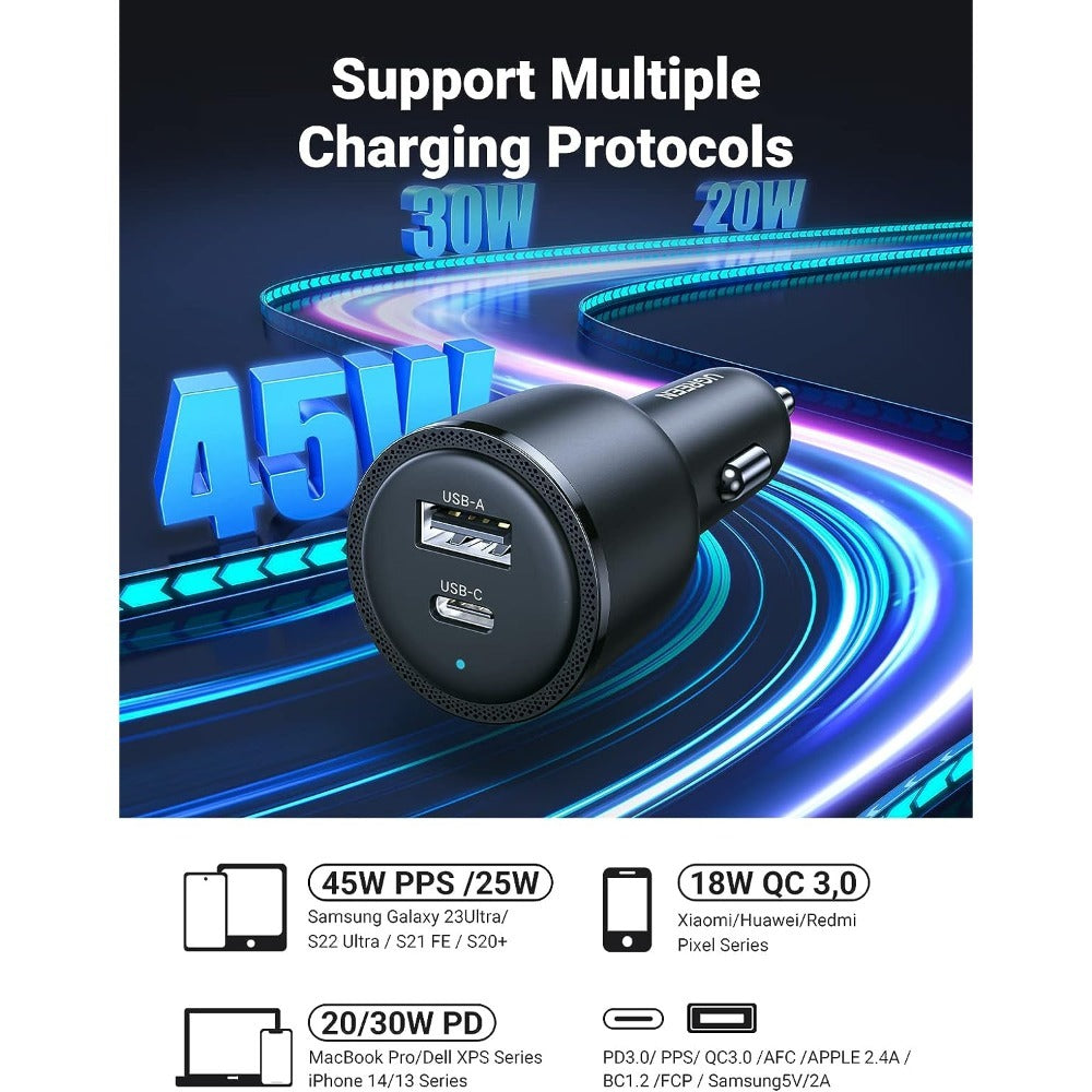 Ugreen, 63W Fast Car Charger Dual Port Usb-C & Usb-A Ugreen Cd239 - 90645