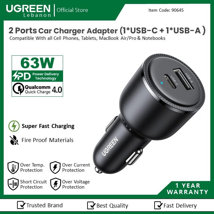 Ugreen, 63W Fast Car Charger Dual Port Usb-C & Usb-A Ugreen Cd239 - 90645