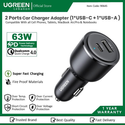 Ugreen, 63W Fast Car Charger Dual Port Usb-C & Usb-A Ugreen Cd239 - 90645