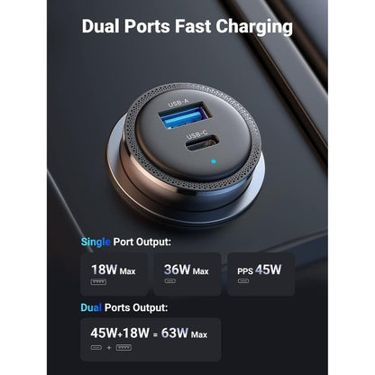 Ugreen, 63W Fast Car Charger Dual Port Usb-C & Usb-A Ugreen Cd239 - 90645