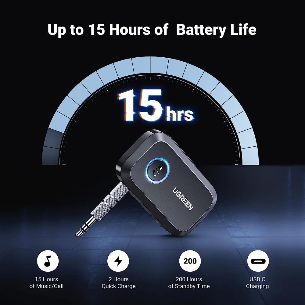 Ugreen, Car & Home Bluetooth 5.0 Receiver Audio Adapter, Built-In Microphone, Built-In Battery Up To 15 Hours Ugreen Cm596- 90748